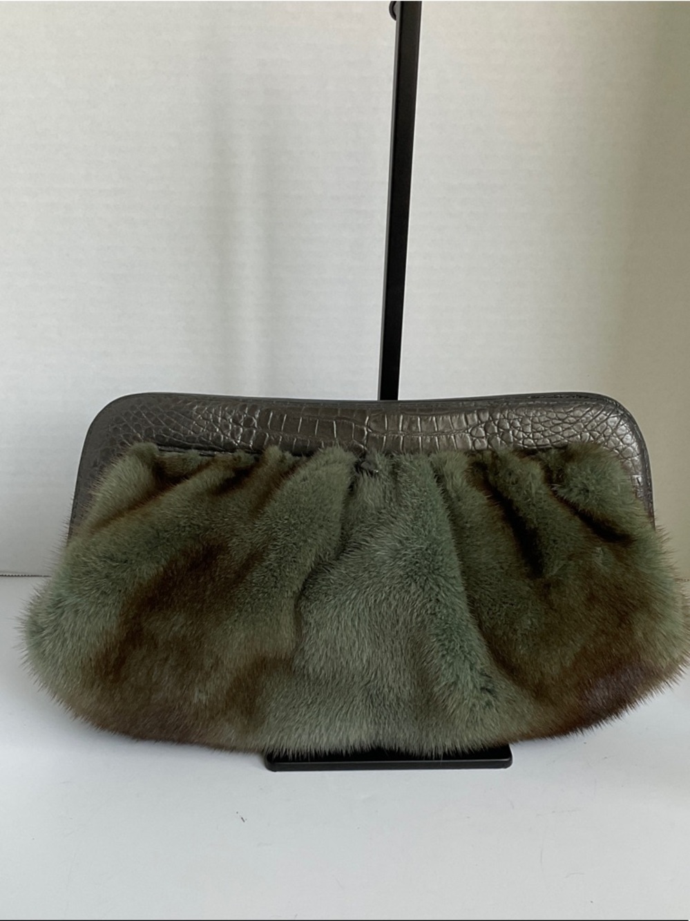 Nancy Gonzalez Olive Green Fur & Croc-Trim Clutch